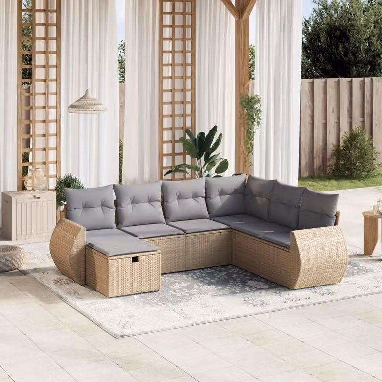 vidaXL Set Divano da Giardino 7 pz a L con Cuscini Beige e Grigio in Polyrattan e Acciaio
