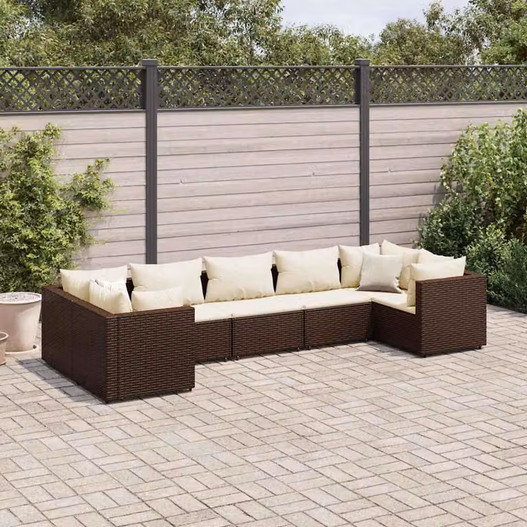 vidaXL Set Divani da Giardino 7 pz a Forma a L con Cuscini in Polyrattan e Telaio in Metallo, Marrone e Bianco