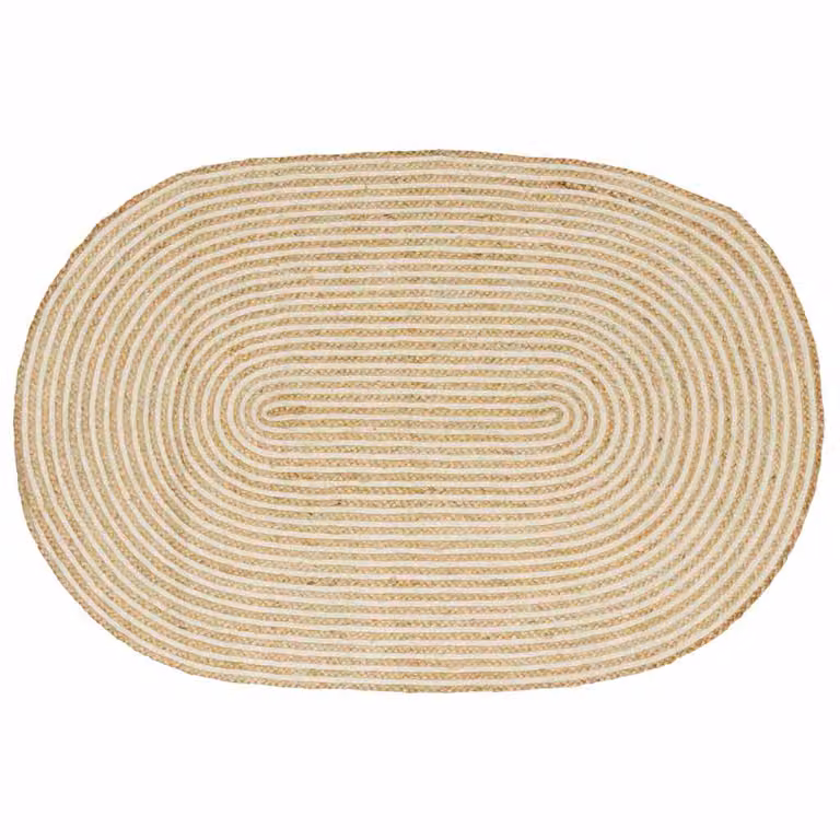 Tappeto ovale in juta vidaXL, design moderno a righe, colori naturale e bianco, L 122 cm x P 183 cm