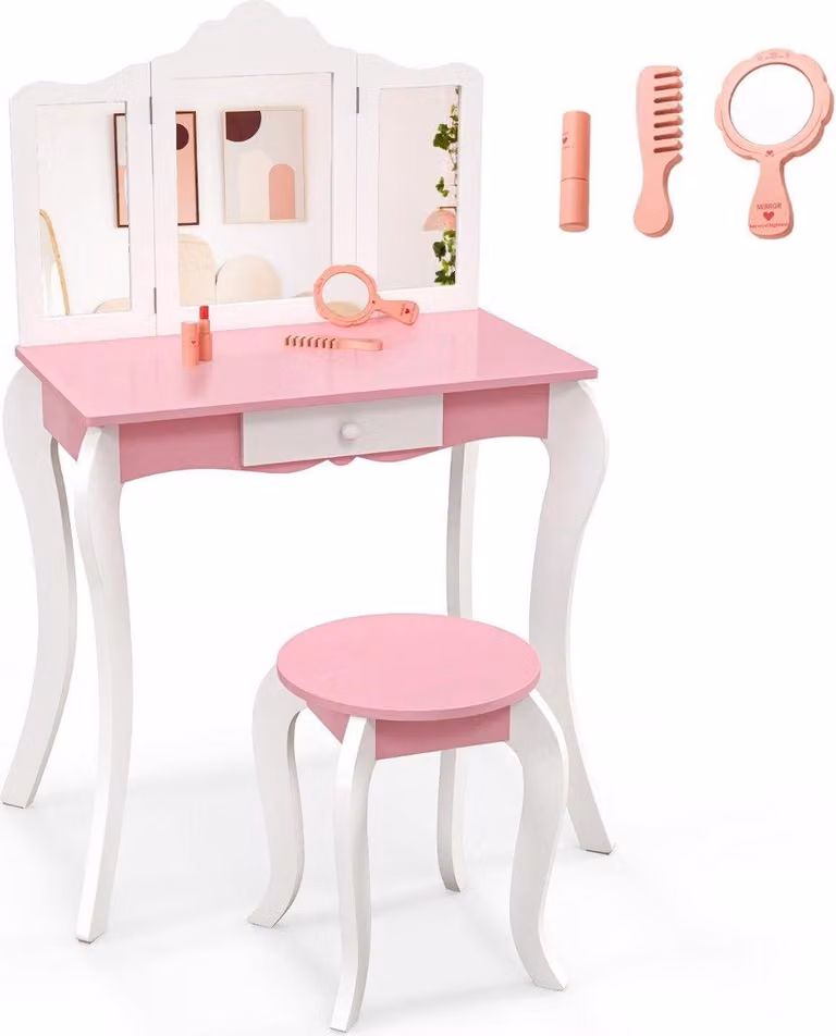 Tavolo da toeletta per bambini 2 in 1 con sgabello, specchio rimovibile a 3 ante e cassetto