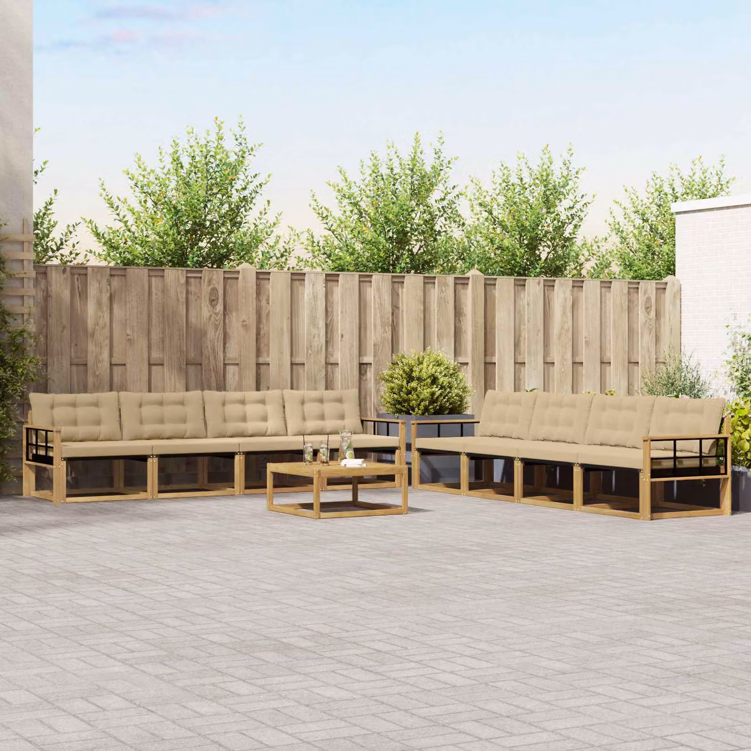 vidaXL Set di divani da esterno 9 pz a forma di U in legno di acacia con tavolino e cuscini, Bianco e Beige