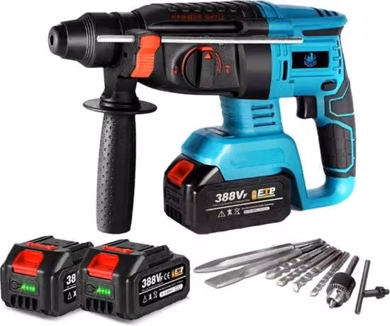 Trapano a percussione - 4 velocità - Incluse due batterie ricaricabili da 18 V e set di punte da 8 pezzi - Compatibile con le batterie ricaricabili Makita da 18 V - Controllo della velocità - Con impugnatura - Blu