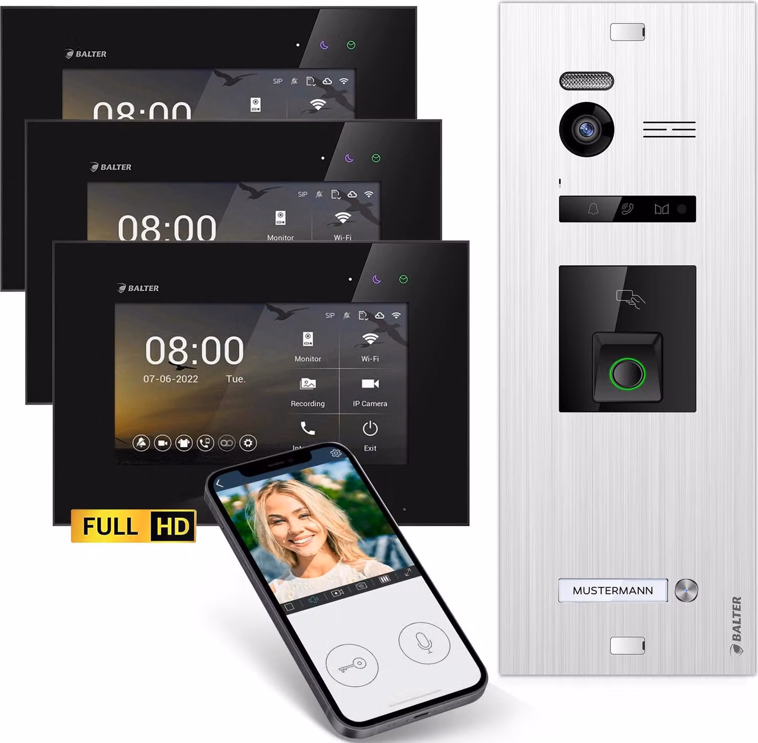 Videocitofono HD con impronta digitale RFID e app per smartphone per abitazioni monofamiliari, 3x monitor, Balter EVO HD Fingerprint