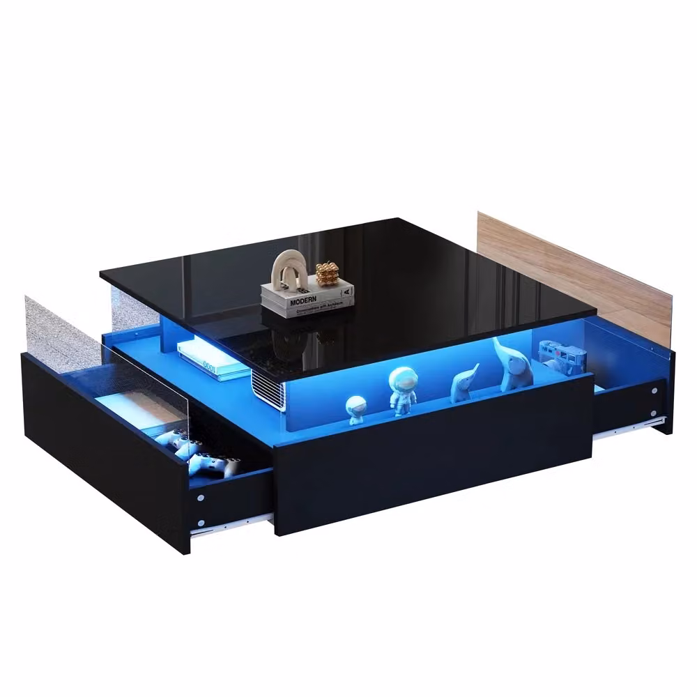 Tavolino da caffè Minimal con LED Bianco lucido, piano trasparente e 2 cassetti, L/P/H: 70 x 70 x 41 cm – 2