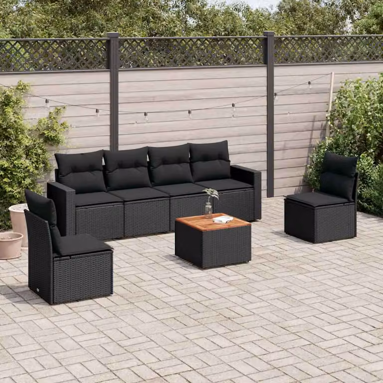 Set di divani da giardino vidaXL in polyrattan nero con 7 pezzi e cuscini inclusi