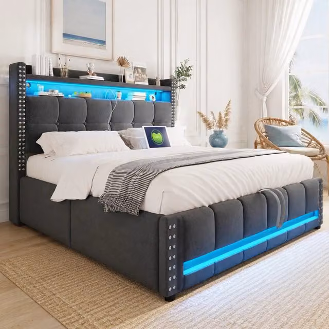 Letto imbottito matrimoniale 140x200 cm con LED; USB e contenitore; grigio