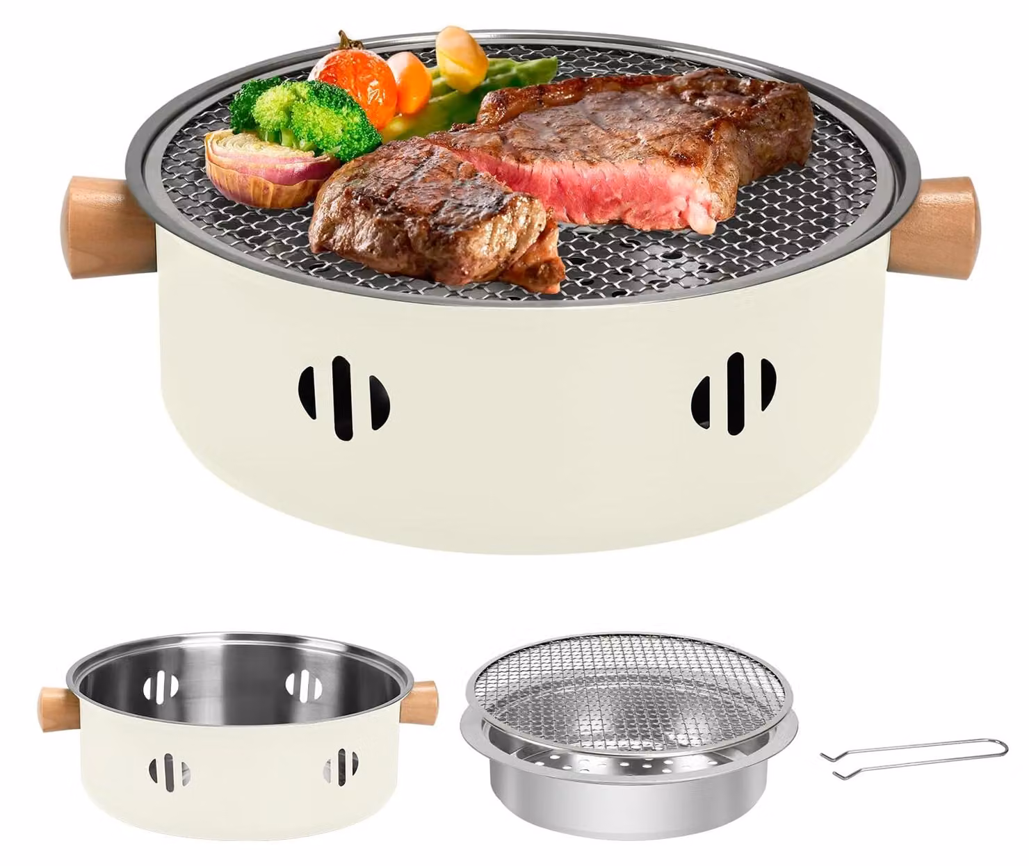 Griglia a carbonella portatile - Griglia da tavolo senza fumo - Ø 28 cm - Acciaio inox - Beige