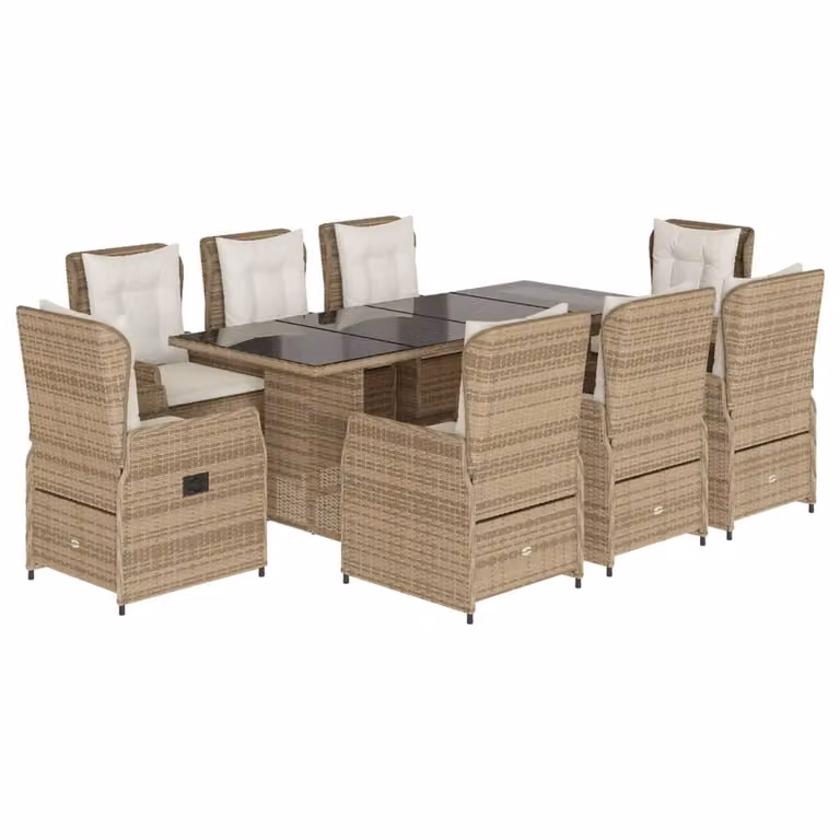 Set da Pranzo da Giardino 9 pz con Cuscini Beige in Polyrattan