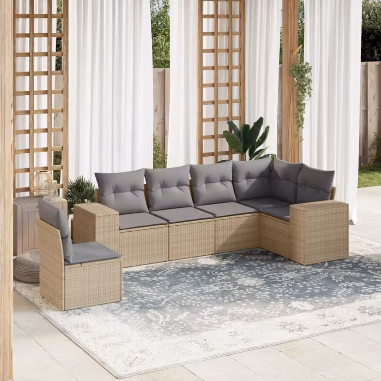 vidaXL Set Divano da Giardino a L in Polyrattan con Cuscini Beige e Grigio, 6 Pezzi