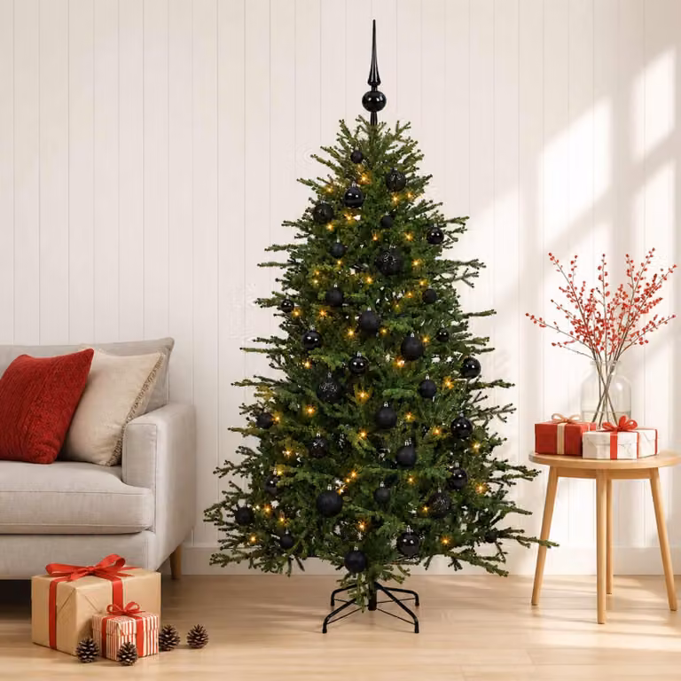 Albero di Natale artificiale con decorazioni natalizie, altezza 150 cm, 150 luci LED