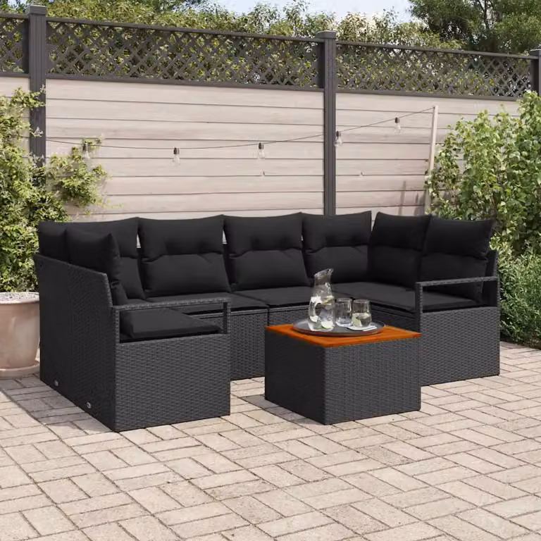 Set Divano da Giardino vidaXL 7 Pezzi a Forma di L con Tavolino e Cuscini Nero