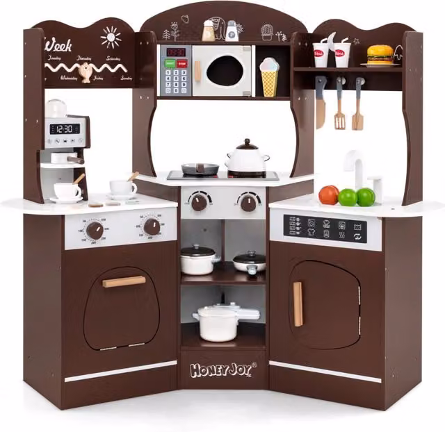 Cucina giocattolo angolare in legno marrone con macchina del caffè, set con luci e suoni per bambini dai 3 anni in su