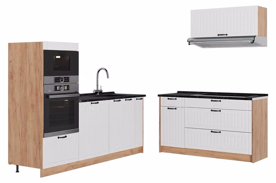 Cucina Vicco Fame-Line Bianco rustico/Rovere dorato 340 cm, PL Antracite, Model 63913
