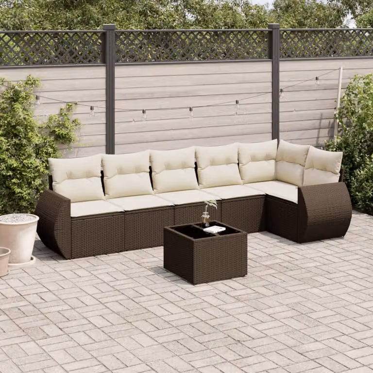 vidaXL Set Divani da Giardino 7 pz a Forma a L con Cuscini Marrone e Bianco in Polyrattan e Metallo