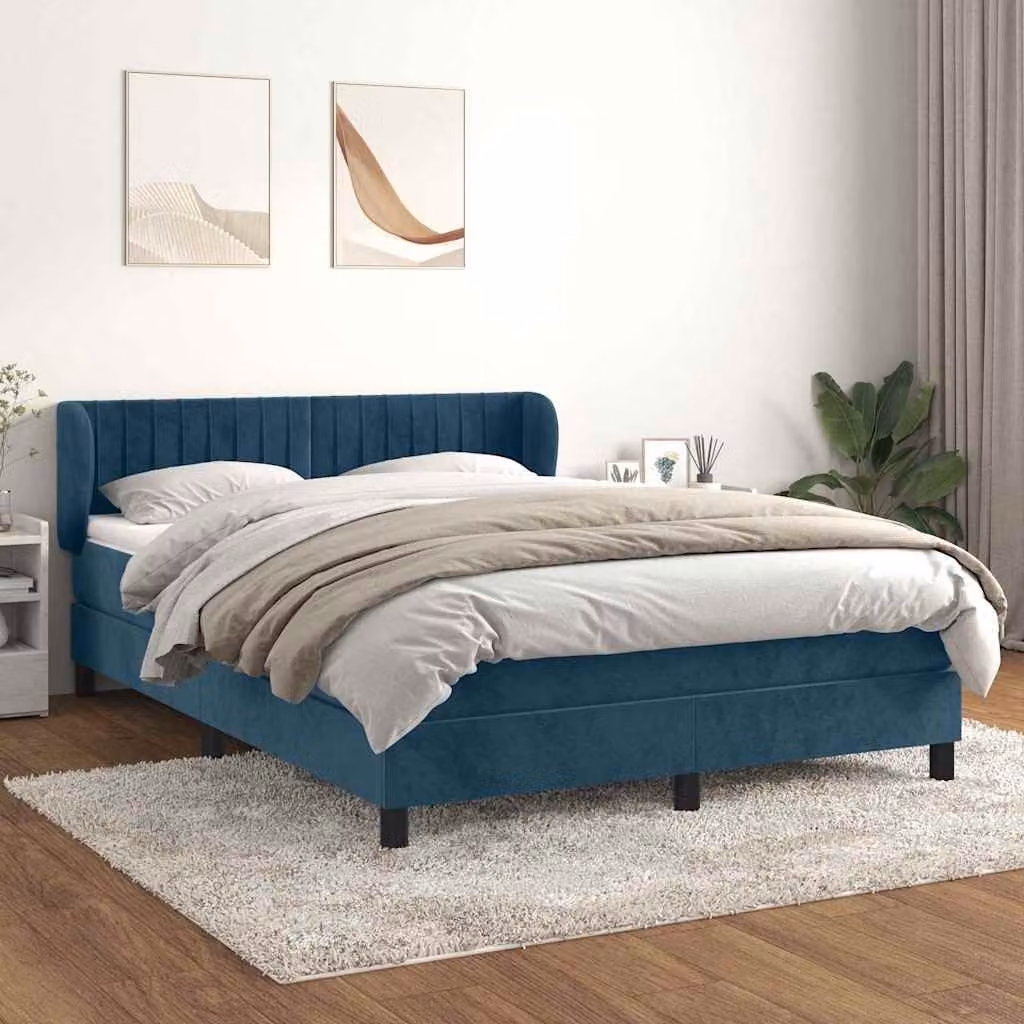 vidaXL Giroletto a Molle con Materasso Ibrido in Velluto Blu Scuro e Bianco, L/P/H: 193 x 147 x 88 cm – 1