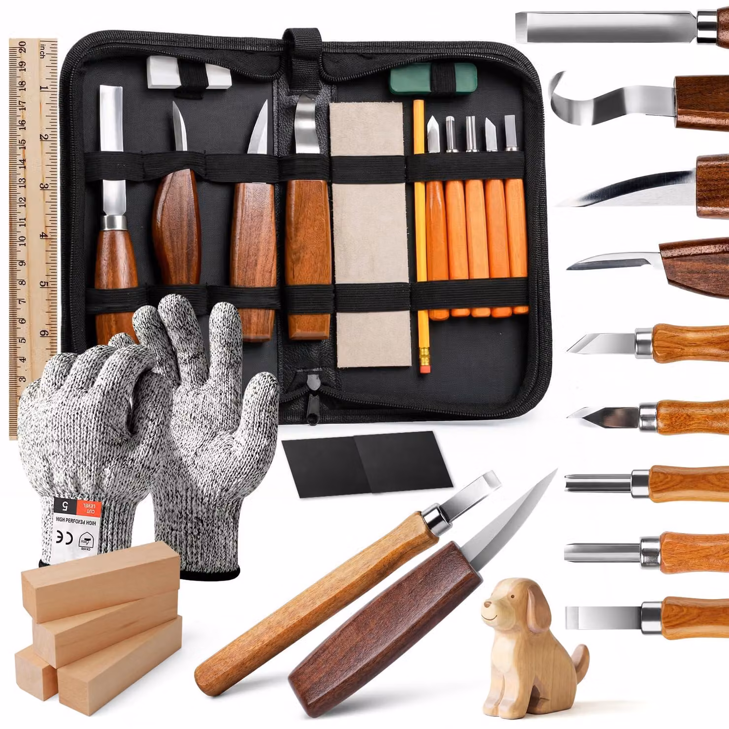 Set di strumenti per intaglio del legno per principianti, composto da 23 pezzi con accessori