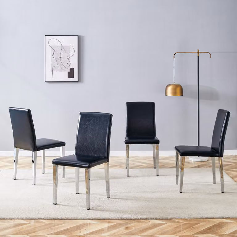 Set di 4 sedie da pranzo, design minimalista, rivestite in ecopelle, gambe in metallo, stile moderno e leggero, lusso discreto (nero e argento)