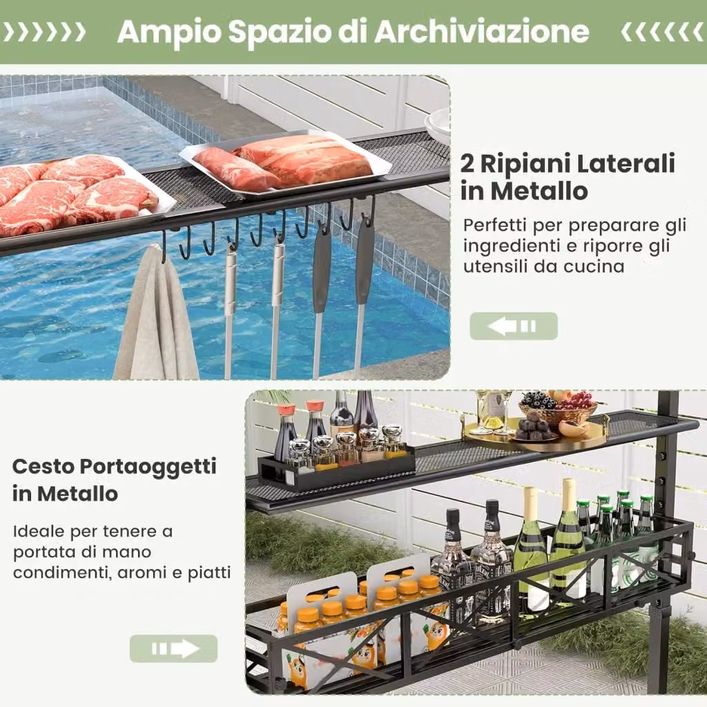 Gazebo per Barbecue Costway con 2 Ripiani Laterali, Cestino e Apribottiglie, Copertura a 2 Livelli, L/P/H: 242 x 153 x 250 cm, Grigio – 2