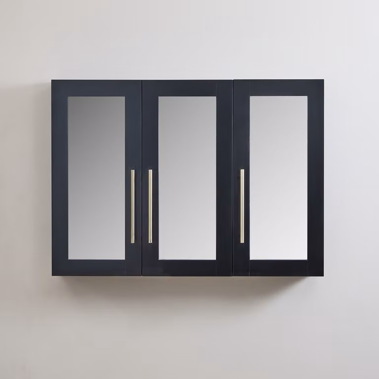 Mobiletto a Specchio da 600mm x 650mm Nero Grigio - Completo di Maniglie Moderne a Barra in Oro Satinato - Cluo