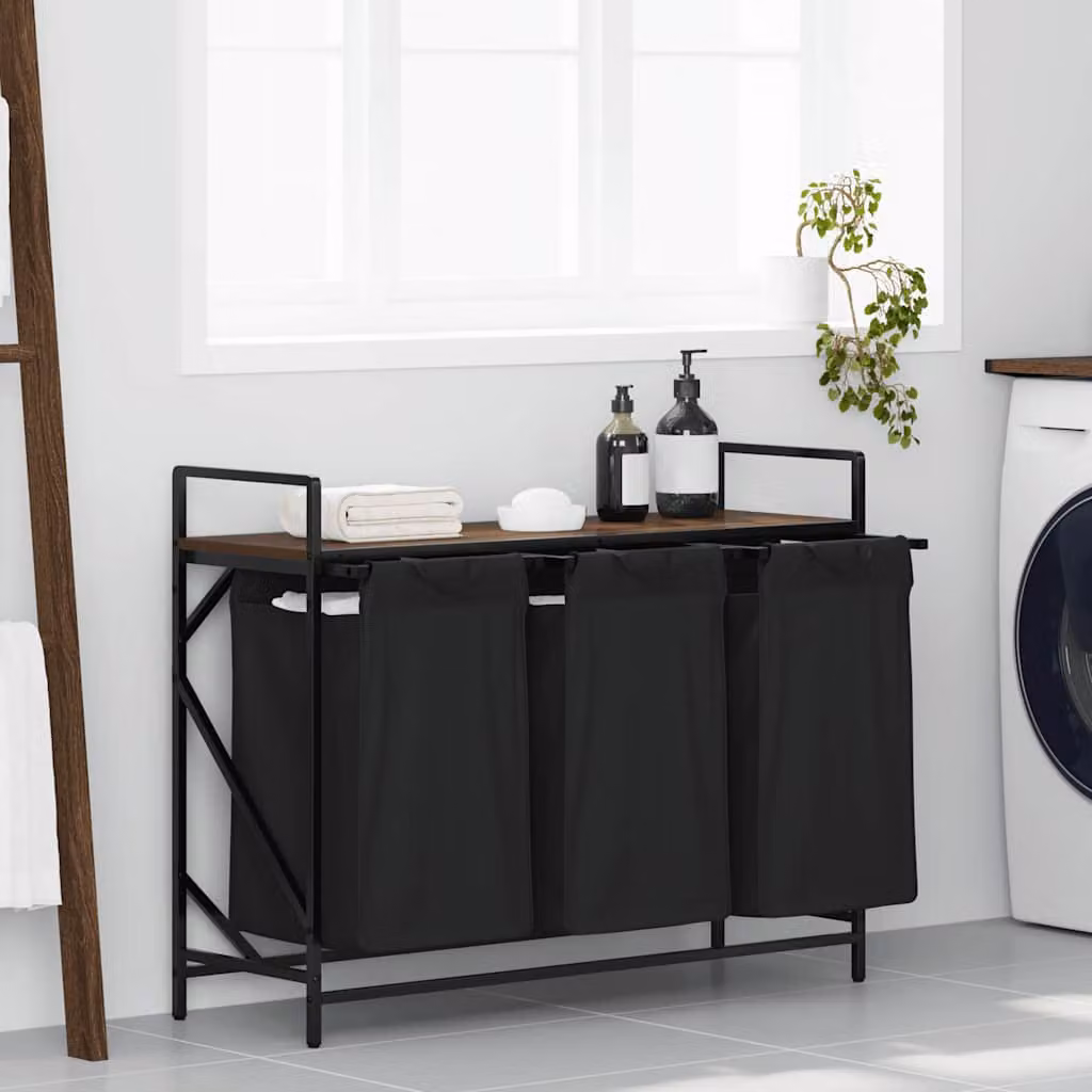 vidaXL Cesto della Biancheria a 3 Scomparti con Ripiano, Marrone e Nero, L/P/H: 99 x 42 x 77 cm