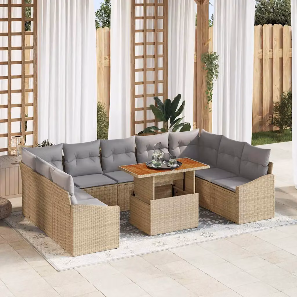 Set da pranzo da giardino vidaXL in rattan e legno di acacia con cuscini beige e grigio – 1
