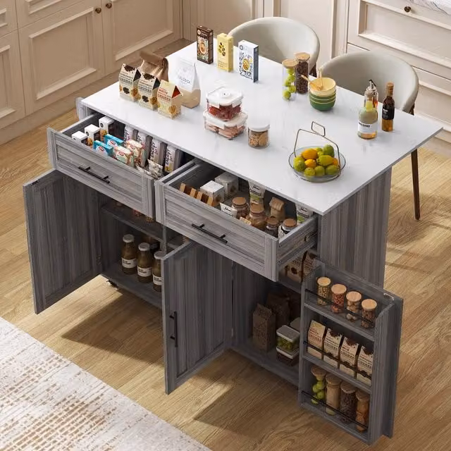 Credenza Allungabile Xylo con Ruote, Piano in Marmo Bianco e Legno Effetto Noce, L/P/H: 91.5 x 46 x 71 cm