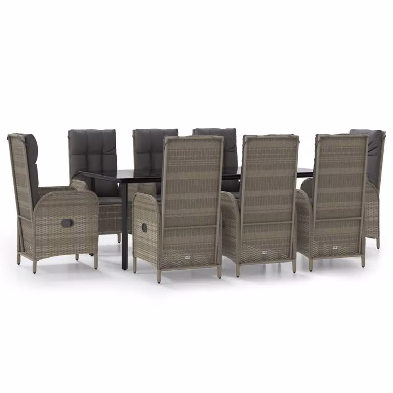 Set da Pranzo Giardino 9pz con Cuscini Nero e Grigio Polyrattan