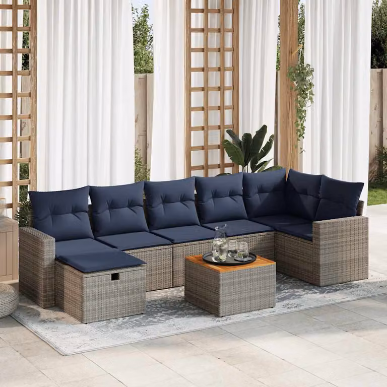 Set Divano da Giardino a L vidaXL in Polyrattan con Cuscini e Tavolino, 8 Pezzi, Grigio