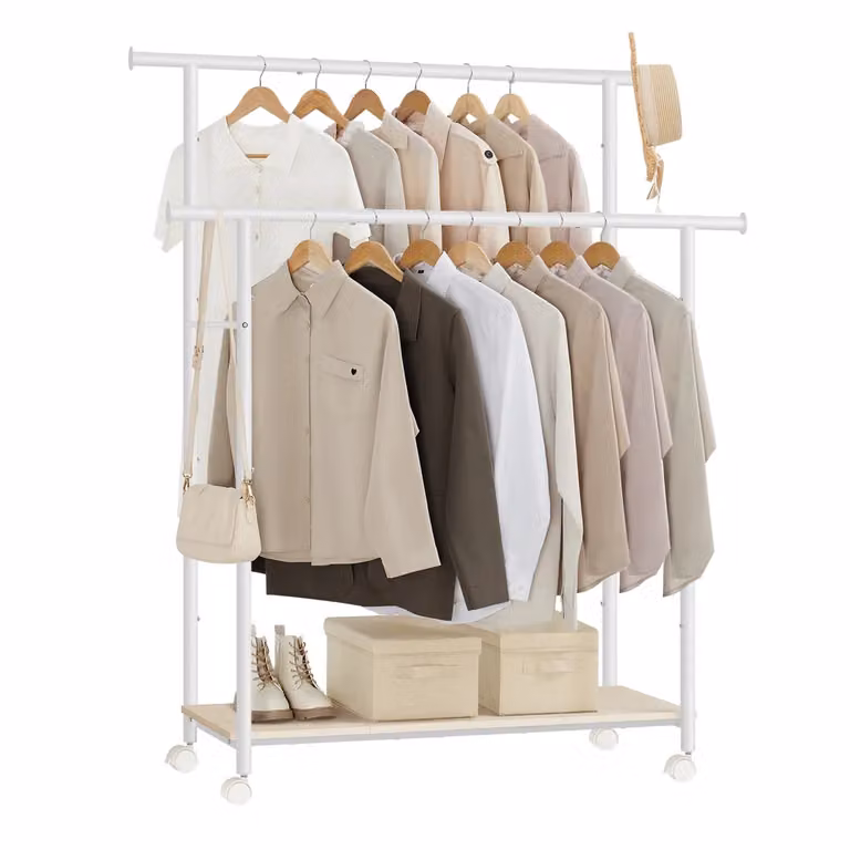 Stand Appendiabiti Doppio con Ruote e Ripiano, Beige Naturale + Bianco Nuvola