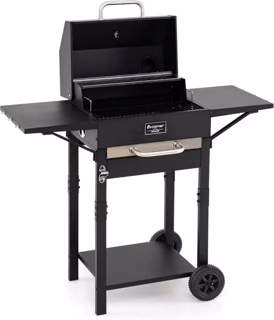 Barbecue a carbonella Design In in acciaio smaltato nero con tavolini laterali, termometro e 2 ruote per campeggio e picnic – 1