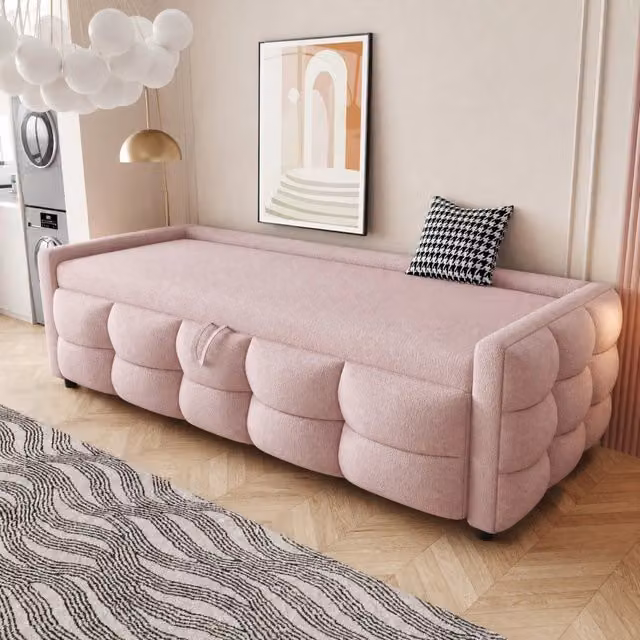 Divano letto estraibile 90/180x190 cm rosa, tessuto teddy con rete a doghe