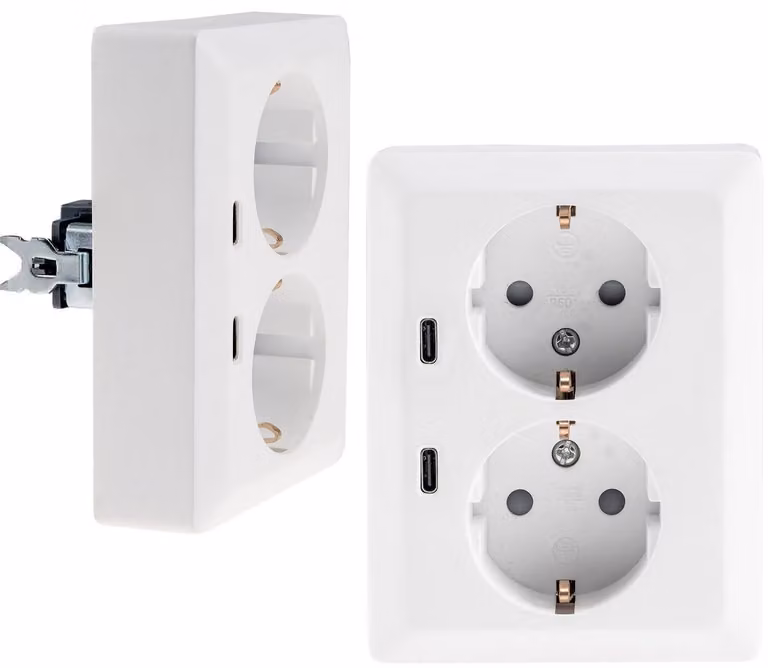MILOS Presa multipla con protezione bambini, 2 prese, 250V~/16A, 1 presa universale (UP), 2 porte USB C/PD, colore bianco opaco