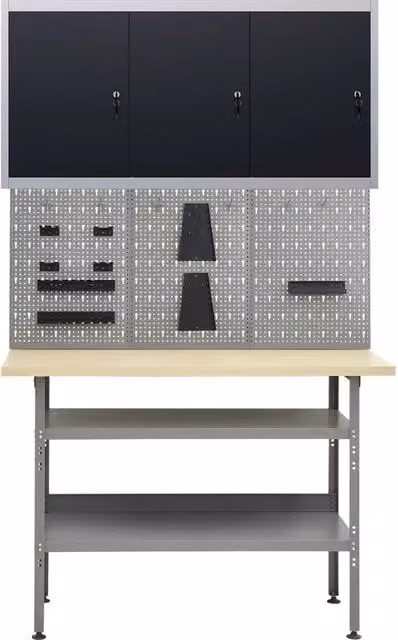 Banco da Lavoro vidaXL in Acciaio con 3 Pannelli Forati e 1 Armadietto, Regolabile in Altezza, Grigio e Nero, L/P/H: 120 x 60 x 85 cm