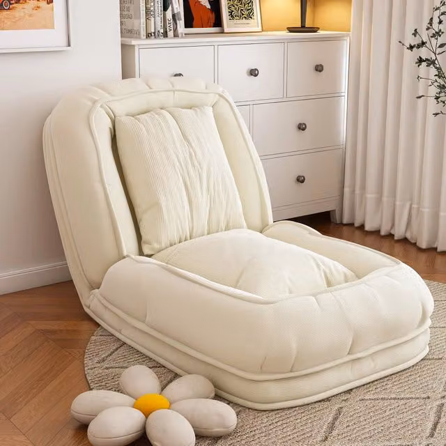 Divano letto pieghevole ergonomico OKWISH con schienale regolabile a 5 posizioni e 2 cuscini in tessuto bianco