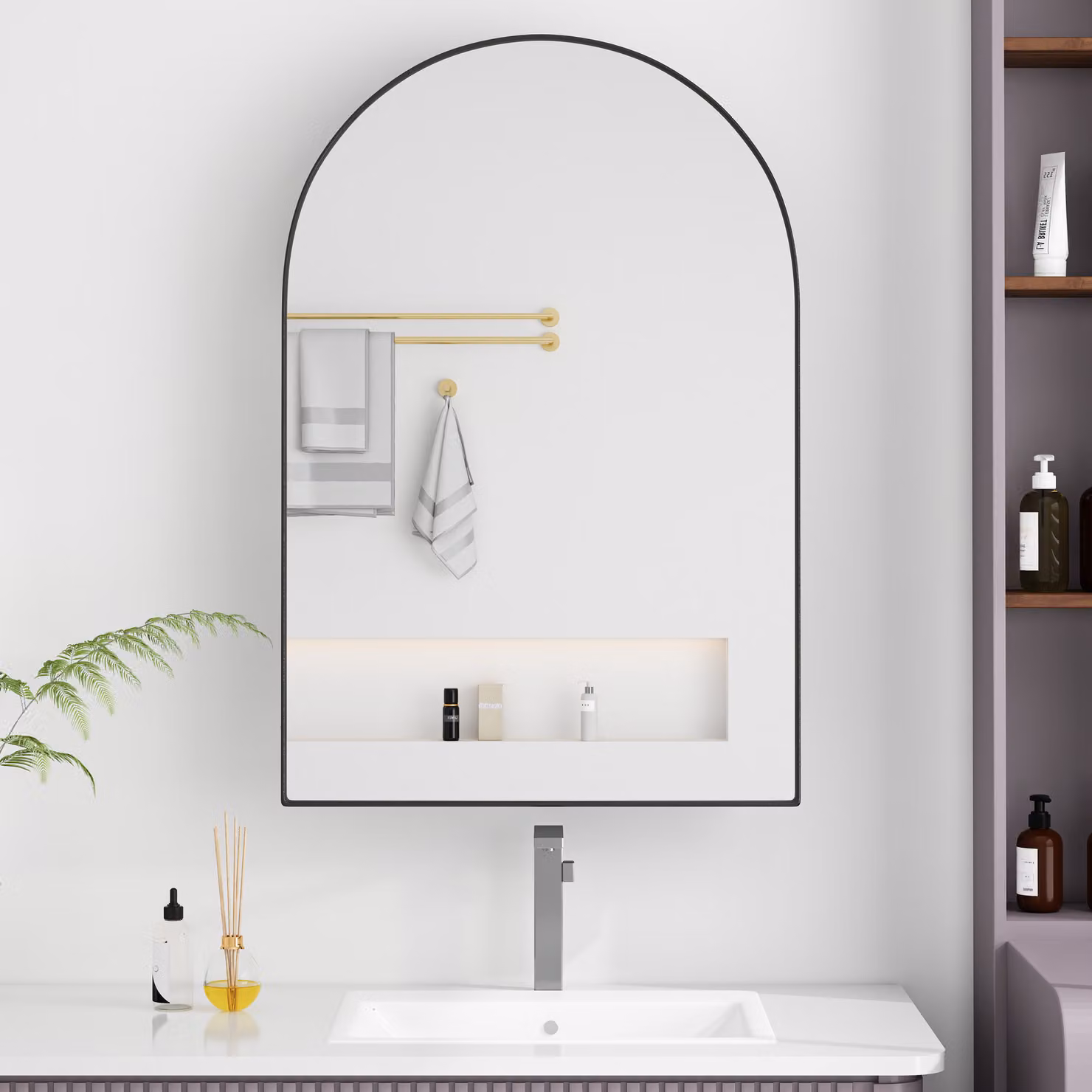 okwish Armadietto a specchio ad arco, armadietto da bagno a parete con struttura in metallo, specchio e ripiani regolabili, armadietto per medicinali con portaoggetti, nero