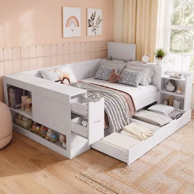 Desviae Letto contenitore 140 × 190 cm 2 posti con cassetti, mensola laterale e senza materasso, bianco