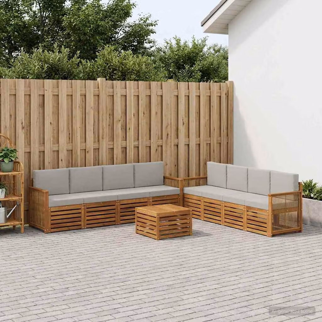 vidaXL Set di divani da esterno a forma di U composto da 9 pezzi in legno di acacia con cuscini, colori beige, grigio e marrone