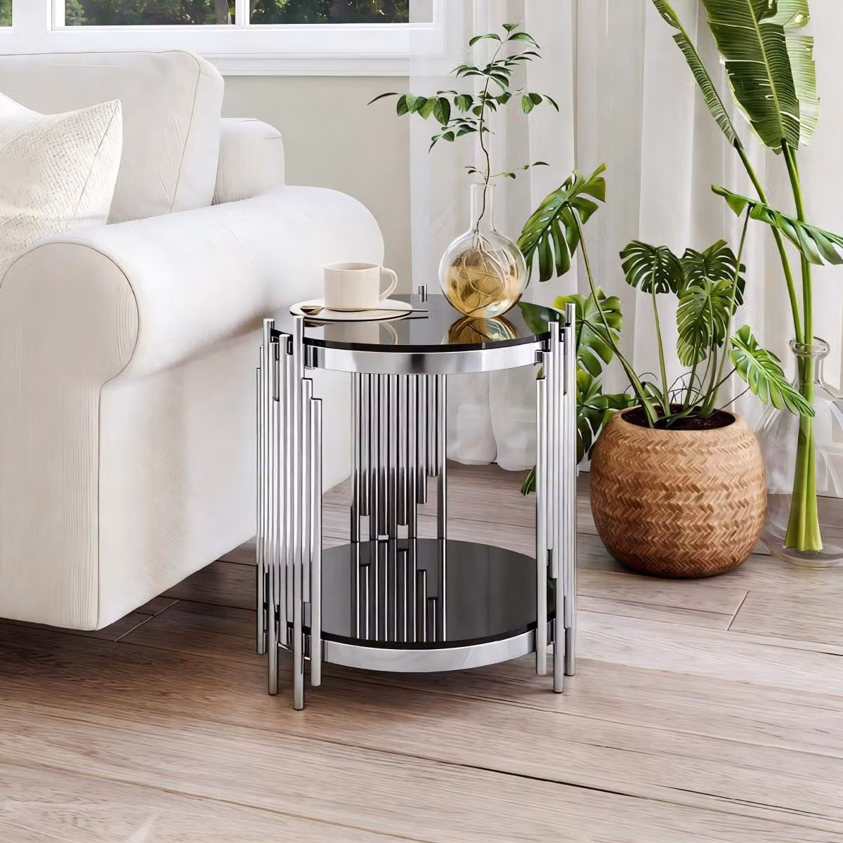 Tavolino rotondo moderno in vetro da 45 cm con struttura in acciaio inossidabile argentato e vetro temperato da 6 mm; tavolino da salotto per soggiorno e balcone