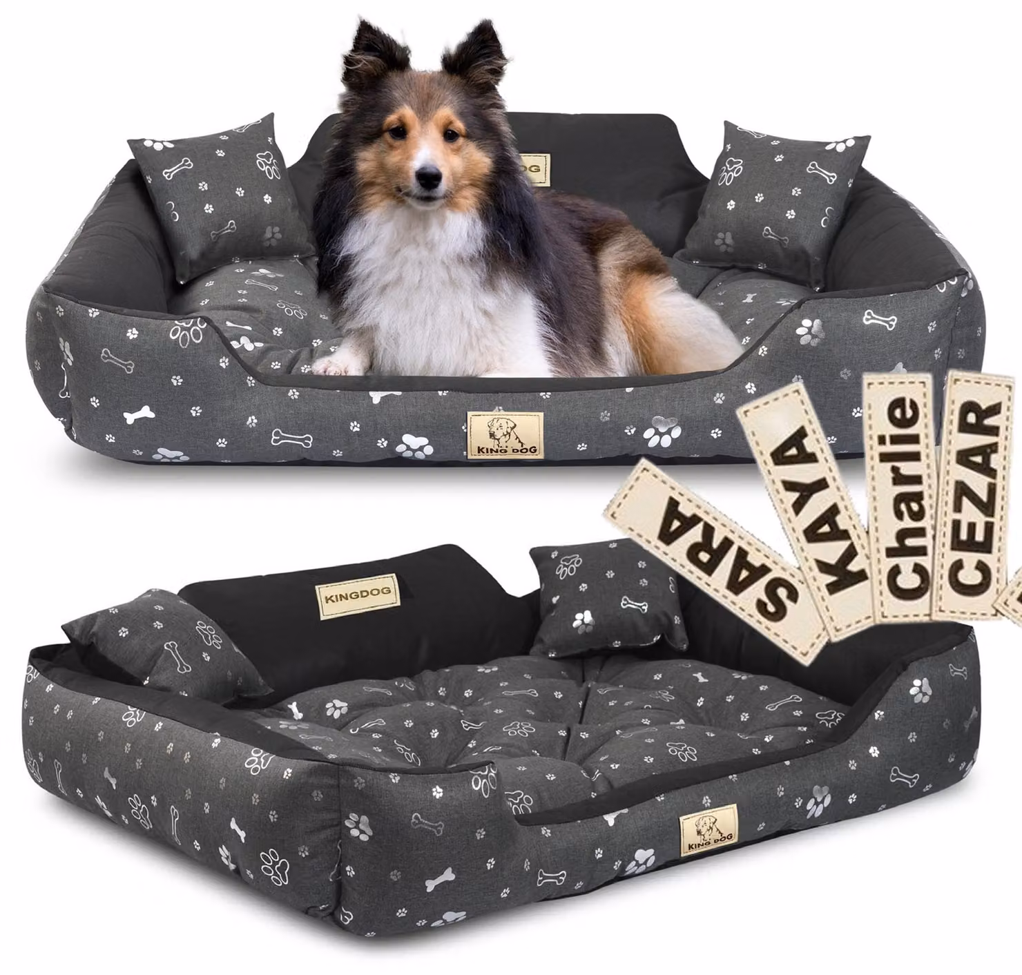 Letto per cani KINGDOG 100x75 cm personalizzato impermeabile con ossa d'argento