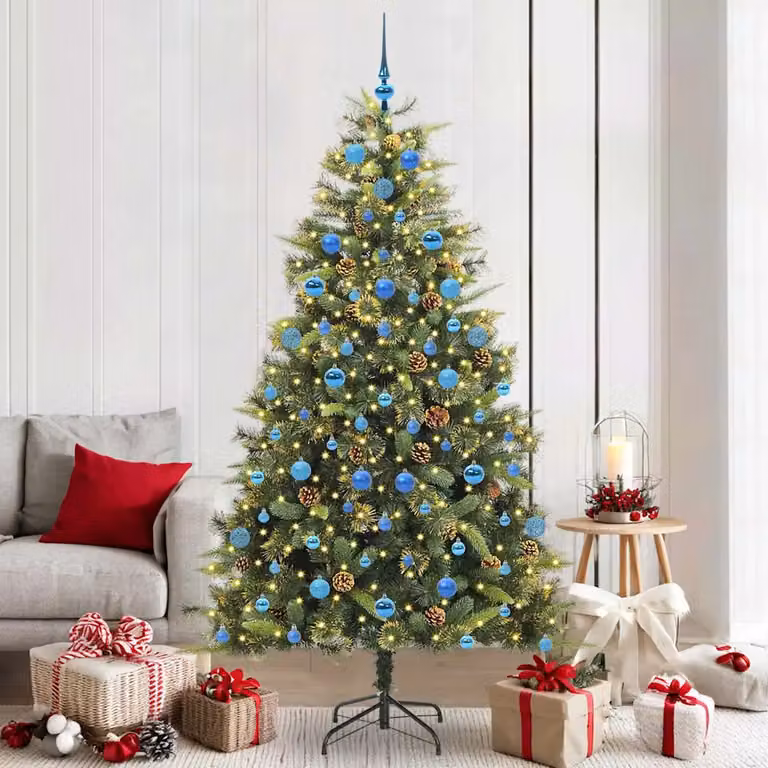 Albero di Natale artificiale pieghevole moderno vidaXL con luci LED warm white e decorazioni a coni, Verde, 210 cm