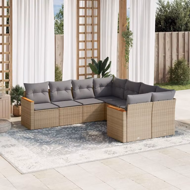 Set Divano da Giardino a L vidaXL 8 pz in Polyrattan con Cuscini Beige e Grigio