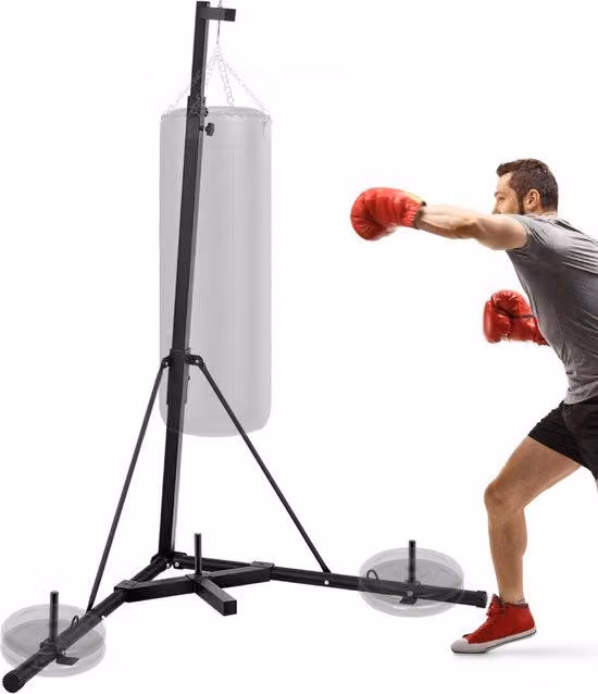 Sacco da boxe nero da 60 kg con telaio in acciaio, altezza 182-230 cm, per fitness e arti marziali
