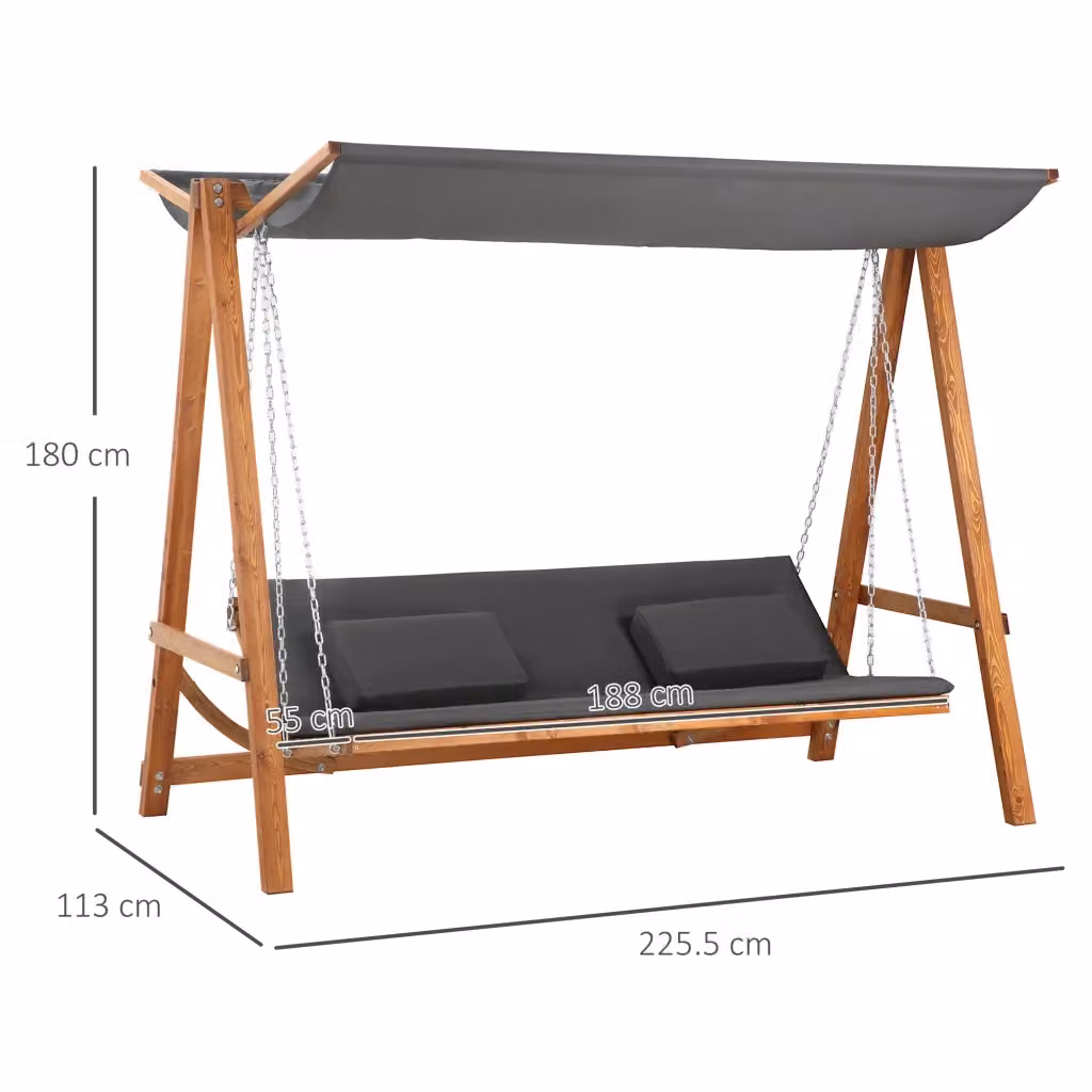 Altalena da giardino REDOM a 3 posti con letto convertibile, in legno massello trattato grigio, con tendalino parasole e braccioli, L: 250 cm, P: 113 cm, H: 180 cm – 2