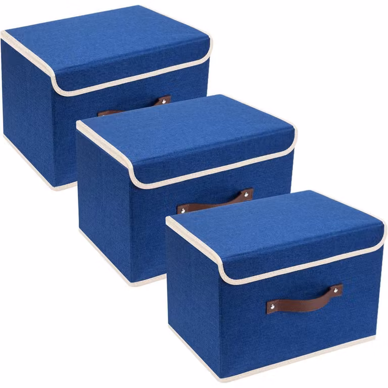 Contenitore pieghevole con coperchio, in tessuto, lavabile, confezione da 3 pezzi, colore blu classico, dimensioni 38x25x25 cm