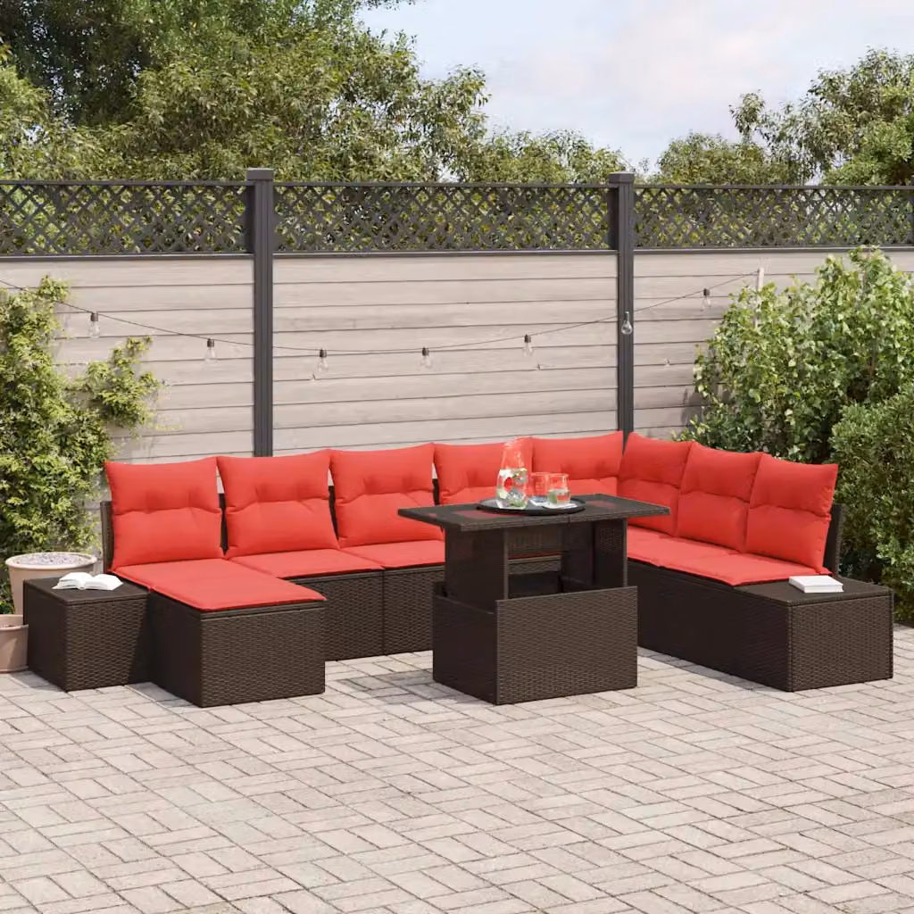 vidaXL Set Divano da Giardino Moderno a Forma di U in Polyrattan Marrone con Cuscini e Tavolino da Esterno