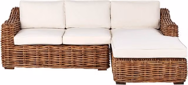 Divano da giardino a L con brand BELIANI in rattan sintetico, 3 posti, colore beige e bianco, stile Boho con cuscini rimovibili, L/P/H: 230 x 150 x 85 cm
