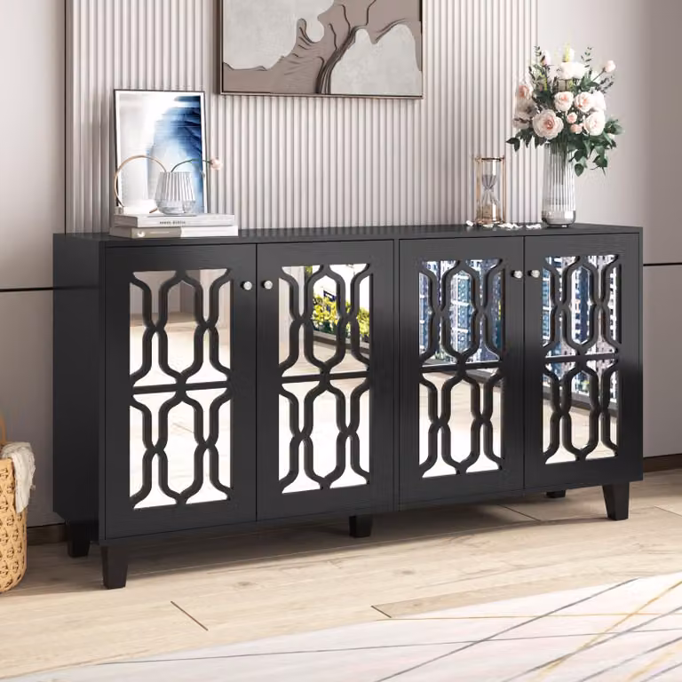 MODFU, mobiletto da cucina con 4 ante, 2 ripiani regolabili e frontale a specchio, credenza per soggiorno, dimensioni 160x84x40 cm, colore nero