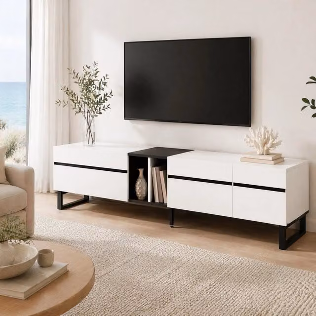 Mobile TV ULEVR 180x38x45 cm bianco con anta a ribalta, vani aperti e 2 ante, piedini regolabili