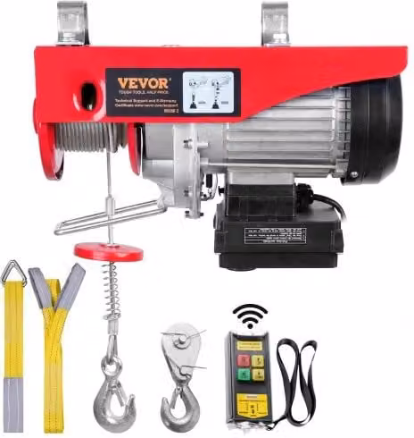 Paranco Elettrico VEVOR da 400 kg con Motore da 850 W, Telecomando Senza Fili con Portata 10 m e Altezza di Sollevamento 12 m, Colore Rosso