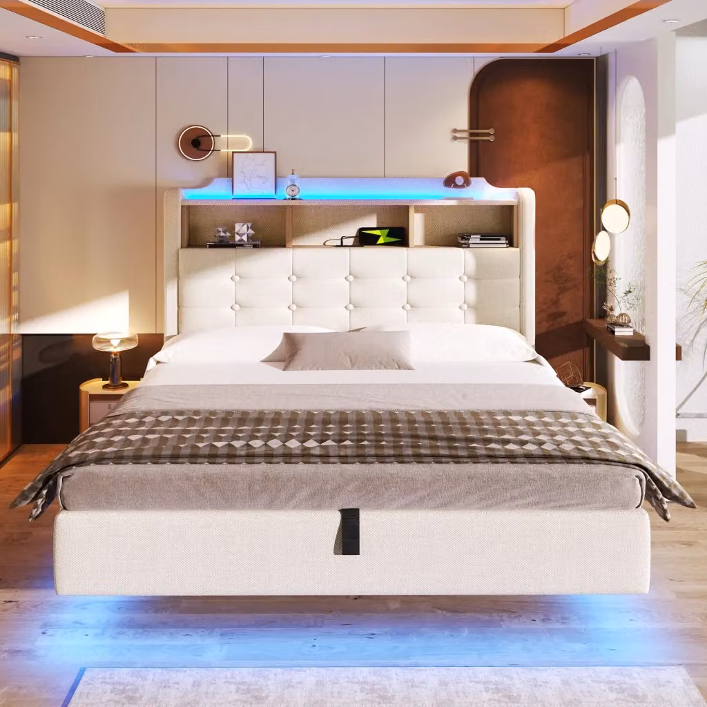 Letto contenitore moderno in tessuto beige con illuminazione LED, porte USB e Type-C e testiera con vano contenitore, L/P/H: 140 x 200 x 110 cm – 2